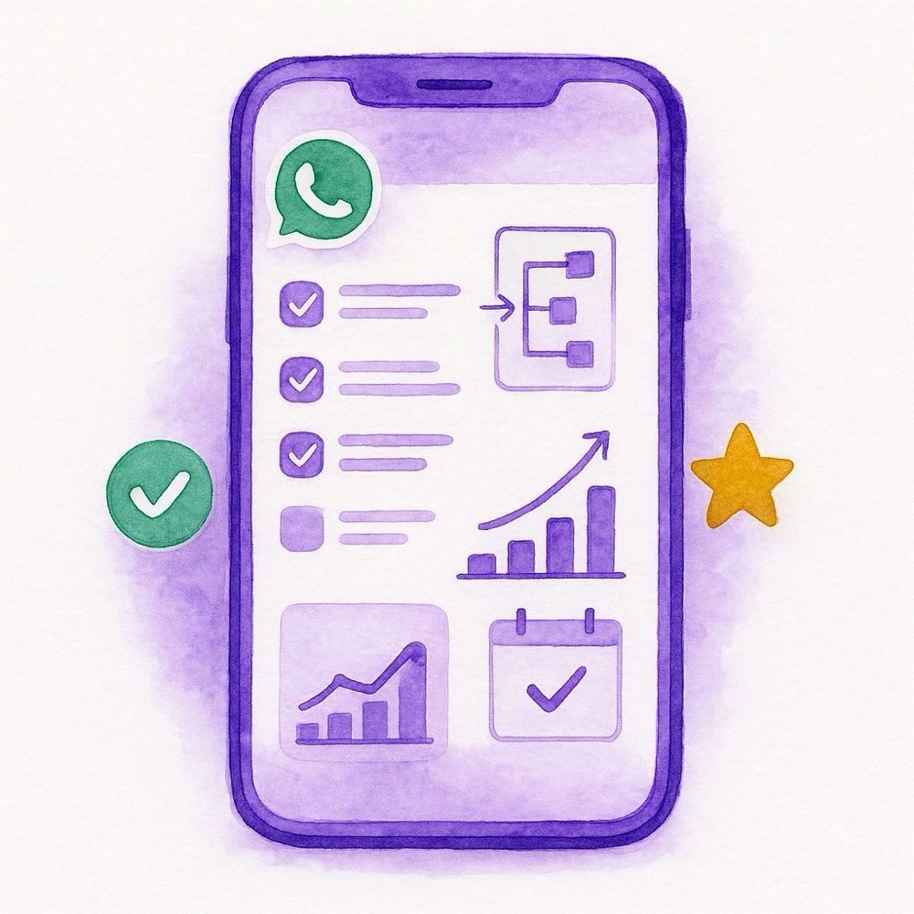 A smartphone showing an organized WhatsApp growth dashboard with replies, automation and rising results